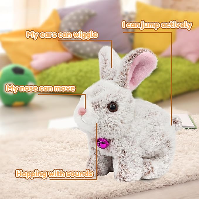 Easfan Hopping Bunny Plush Grey Jumping Spotted Rabbit Ears Nose Moving Educational Plush Toy Interactive Toy Electric for Toddlers Kids
