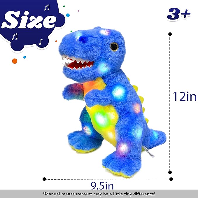 Cuteoy Light-up Plush Blue Dinosaur LED Stuffed Animal Birthday Christmas T-Rex Plushies Toy Gifts for Kids Toddler Girls, 12.5"