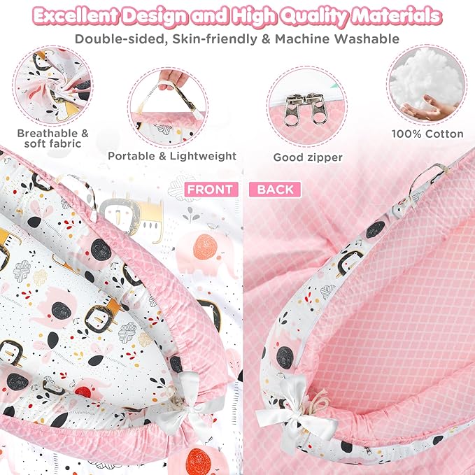 Baby Lounger - Baby Lounger for Newborn 0-24 Months, Breathable and Soft Cotton Cover Baby Nest, Portable Cozy Tummy Time Lounger for Home and Travel, Ideal Baby Essentials & Shower Gifts