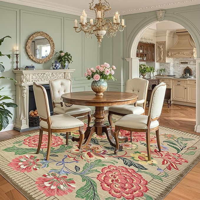 GarveeHome Floral Botanical Washable 9x12 Area Rug for Living Room Soft Camel Taupe Brown Vintage Boho Cottage Large Rugs Low Pile Carpet for Bedroom Dining Nursery Rug