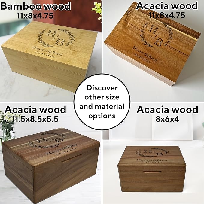 Customized Wedding Memory Box Small - Acacia Wood Engagement Gift Boxes for Couples, Keepsake Box Wedding Personalized, Custom Gift for 5 Year Marriage Anniversary Time Capsule, 8x6x4 in