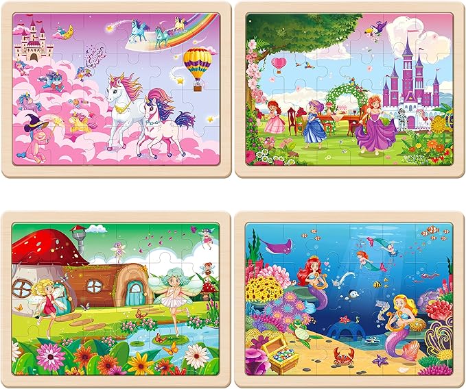 SYNARRY Large Unicorn Mermaid Princess Fairy Wooden Kids Puzzles 4 in 1 Gift Box(12.2 * 9.4 in) - FSC Certified, Wood Puzzles for Kids Ages 4-6, Toys Gifts for 3 4 5 Year Old Toddlers Girls