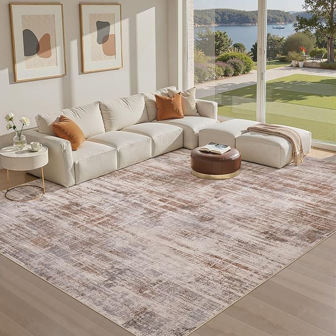 Area Rug for Living Room: 10x12 Washable Neutral Abstract Modern Soft Rugs Non Slip Indoor Floor Stain Resistant Large Carpet for Bedroom Dining Room Office Nursery - Red Brown