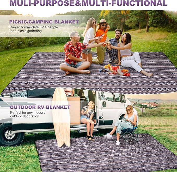 G GOOD GAIN Picnic Blankets Outdoor - Waterproof Outdoor Rug with Shoulder Carry Strap | Machine Washable Picnic Mat with Sandproof Backing for RV, Balcony, Camping, Hiking, Concerts (Blue, 9' x 6')