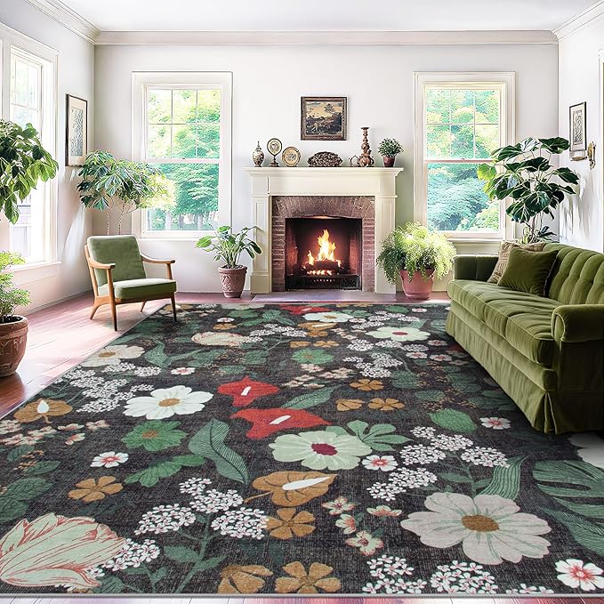 9x12 Area Rug for Living Room: Vintage Floral Washable Rug Soft Boho Non Slip Carpet Large Indoor Floor Non Shedding Low Pile Thin Carpets for Bedroom Dining Room Farmhouse Nursery Home Office Green