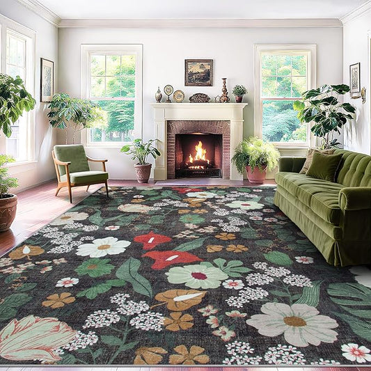 9x12 Area Rug for Living Room: Vintage Floral Washable Rug Soft Boho Non Slip Carpet Large Indoor Floor Non Shedding Low Pile Thin Carpets for Bedroom Dining Room Farmhouse Nursery Home Office Green
