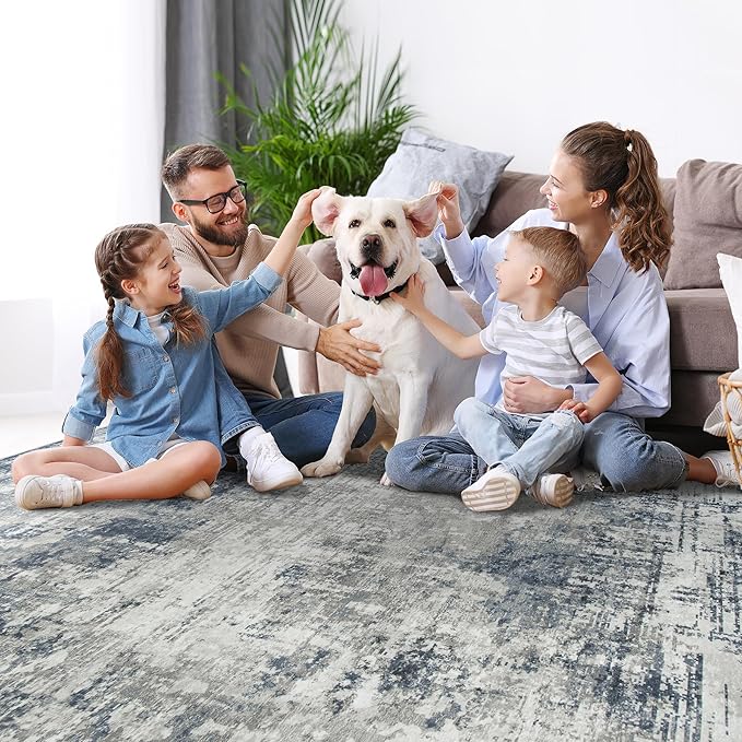 Runner Rug for Hallways Kitchen 2'6"x8' Washable, Non Slip Carpet 8ft Area Rugs Entryway Rubber Backed 8 Feet Neutral Abstract Modern Low Pile Indoor Blue Grey