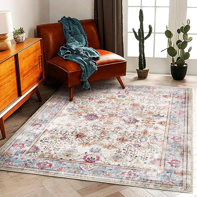 5'x7' Washable Vintage Area Rug Traditional Floor Cover Foldable Kitchen Accent Thin Rug Indoor Distressed Non Slip Carpet Floral Print Mat Bedroom Living Room Bathroom