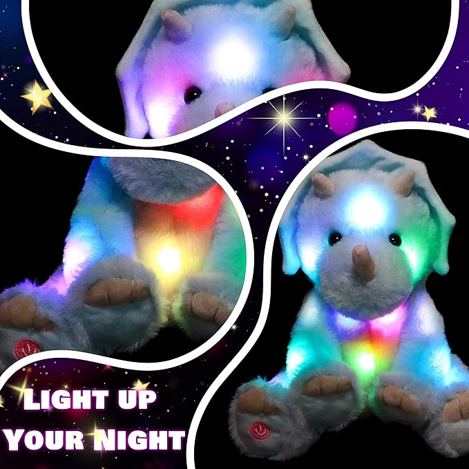 Cuteoy Light-up Singing Plush Blue Triceratops LED Musical Stuffed Animal Dinosaur Adjustable Volume Lullaby Plushies Birthday Christmas Toy Gifts for Kids Toddler Girls, 13"