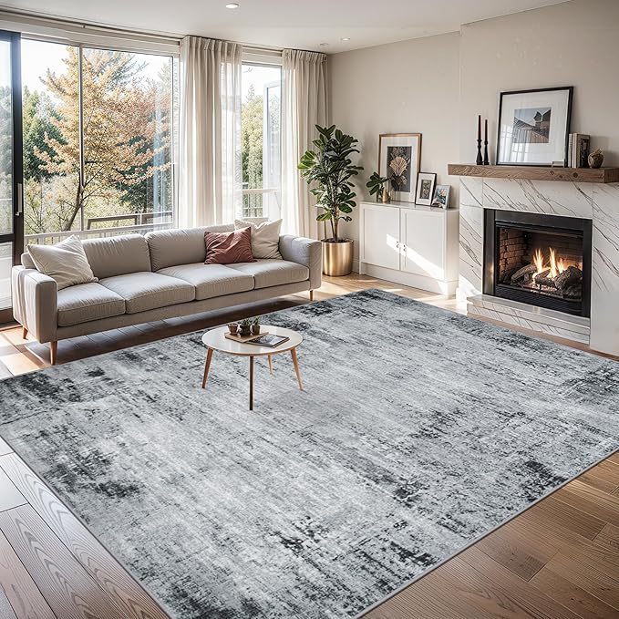 Area Rugs 9x12 Living Room - Washable Rug Modern Abstract Soft Large Neutral Non-Slip Carpet Indoor Floor Thin Carpets for Bedroom Dining Room Farmhouse Nursery Home Office Black