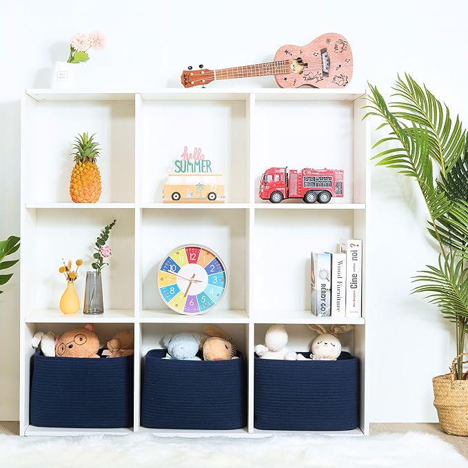 MINTWOOD Design 3-Pack Decorative Woven Storage Baskets for Shelves, Cube Bin Box for Organizing Books, Shoes, Dog Toys, Pantry Closet and Living Room Organizer, Navy Blue