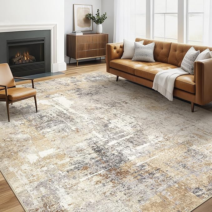 Area Rug Living Room Rugs: 5x7 Washable Large Abstract Modern Soft Stain Resistant Indoor Floor Non Slip Accent Carpet for Bedroom Nursery Playroom Dining Room Office Dorm Home House- Gray Gold