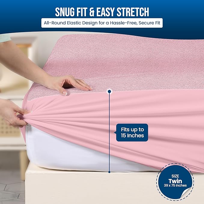 Utopia Bedding Waterproof Mattress Protector Twin Size, Premium Terry Mattress Cover 200 GSM, Breathable, Fitted Style with Stretchable Pockets (Pink)