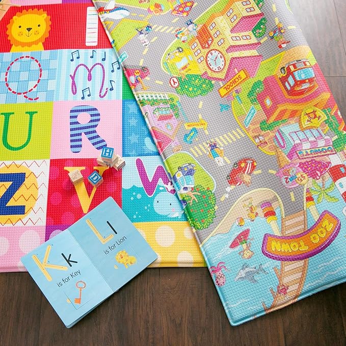 Baby Care Play Mat (Medium, Playful - Zoo Town) 73’’ x 49’’ Original One-Piece Reversible Rollable Waterproof Play Mat for Infants, Babies, Toddler, and Kids