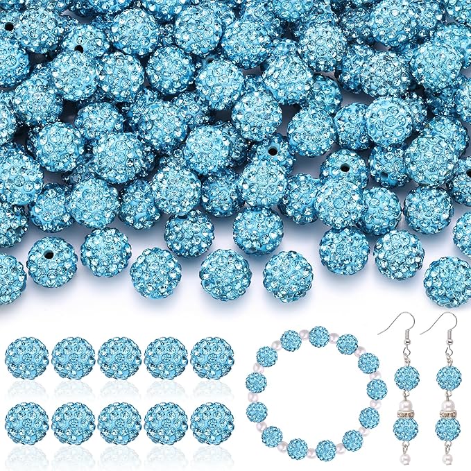 160pcs 10mm Rhinestone Beads for Jewelry Making, Aquamarine Shiny Round Disco Ball Beads Bulk, Sparkle Crystal Clay Christmas for Bracelet Baseball Necklace Earring Crafting and DIY