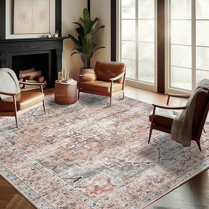 Washable Area Rug 10'x14' Light Cyan and Light red Retro Flowers Boho Design Non-Shedding Easy Care Ideal for High Traffic Areas in Living Room Bedroom Office Kitchen Large Carpet