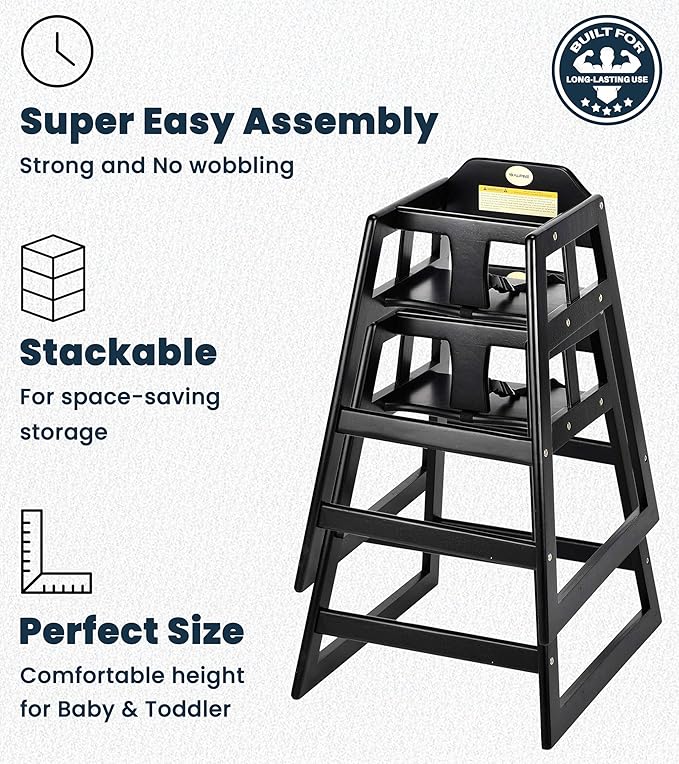 Alpine Wooden High Chairs for Babies and Toddlers with Safety Strap, Commercial Grade Restaurant High Chair, Durable Wood Space Saver Baby Feeding Chair, Ideal for Dining Spaces (2 Pack, Black)