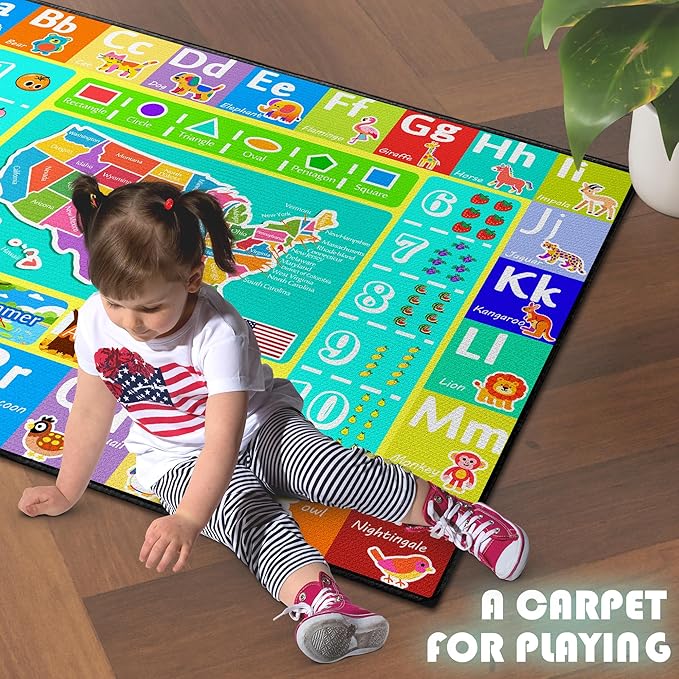 ABC Rug for Kids Playroom, 2x3 Washable Classroom Area Rugs, Educational Learning Mat with Alphabet Numbers Animals Seasons Shapes for Classroom Preschool Playroom