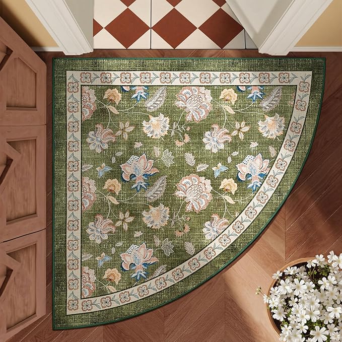 jinchan Floral Corner Rug for Entryway Washable Kitchen Rug Vintage Romance Design Non Slip Quarter Circle Lightweight Low-Pile Throw Carpet for Playroom Reading Nook Nursery, 4ft Radius, Green
