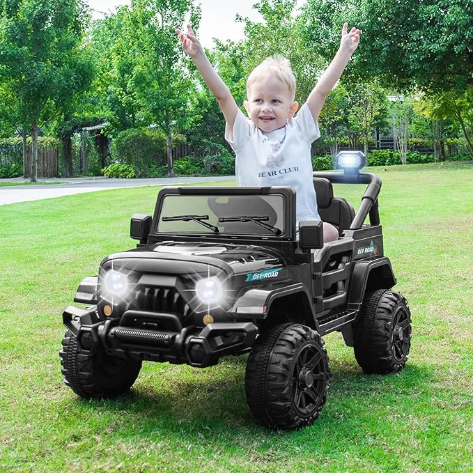 Costzon 12V Kids Ride on Truck Car, Electric Vehicle w/Remote Control, Threaded Wheels, 3 Speeds, LED Lights, Music, Horn & Wireless Connection, Battery Powered Ride on Toy for Boys & Girls 3+ (Black)