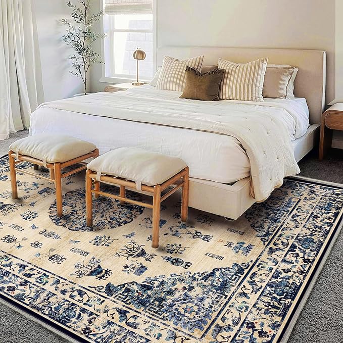 Washable Area Rug 10'x14' Boho Design Non-Shedding Easy Care Ideal for High Traffic Areas in Living Room Bedroom Office Coffee Table Kitchen Large Carpet