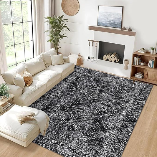 COZYLOOM Black Rug for Living Room 9x12 Machine Washable Area Rugs Modern Abstract Door Mats Non Slip Stain Resistant Geometric Accent Carpet for Bedroom, Dining Room, Nursery
