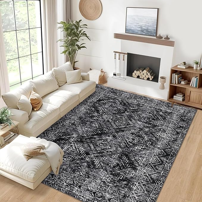 COZYLOOM Area Rug 6x9 Washable Rug for Bedroom Office Dining Room Living Room Vintage Non Slip Large Area Rug Geometric Soft Throw Low Pile Stain Resistant Carpet, Black