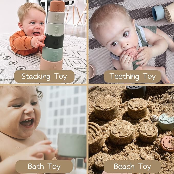 Moonkie Stacking Cups Toy, Fun Educational Baby Toys Silicone Soft Teething Toy, Age 6+ Months, 7 Piece Set