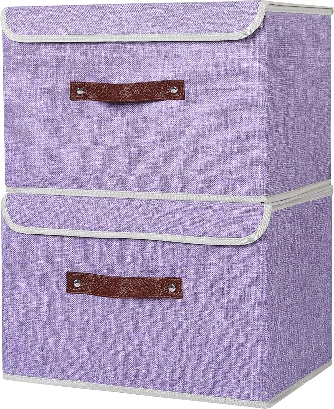 ANMINY 2PCS Storage Bins with Lid PU Leather Handles Storage Boxes PP Plastic Board Decorative Foldable Lidded Cotton Linen Fabric Home Cubes Baskets Closet Organizer Containers - Purple, Large Size