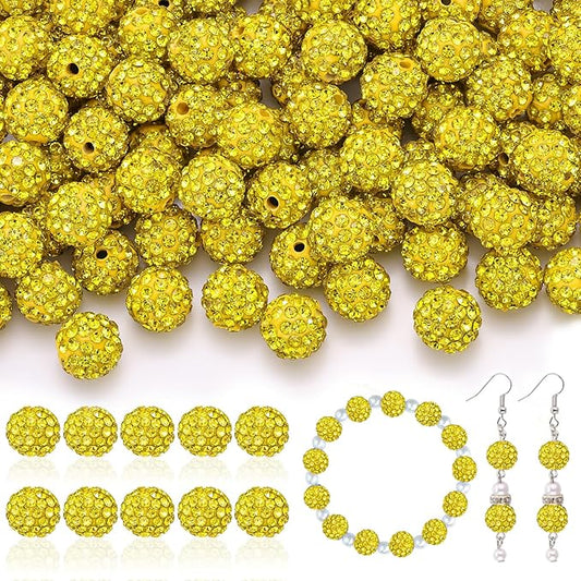160pcs 10mm Rhinestone Beads for Jewelry Making, Yellow Shiny Round Disco Ball Beads Bulk, Sparkle Crystal Clay Christmas for Bracelet Baseball Necklace Earring Crafting and DIY