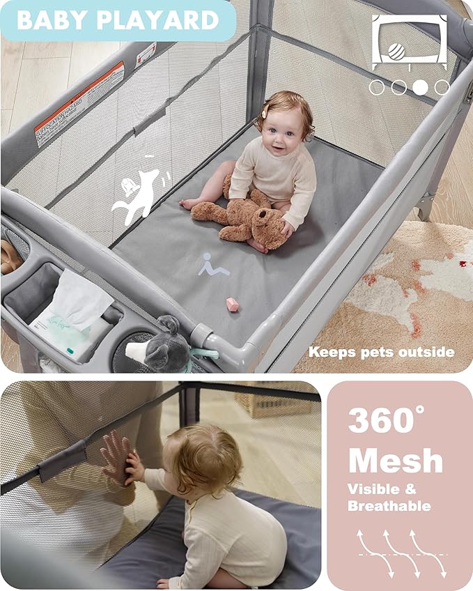 AirClub 4 in 1 Baby Bassinet Bedside Sleeper, 4 Functions Crib, Playard, Portable Changing Table, Bassinet for Newborn Baby, Bedsaide Bed w/Wheels&Brakes