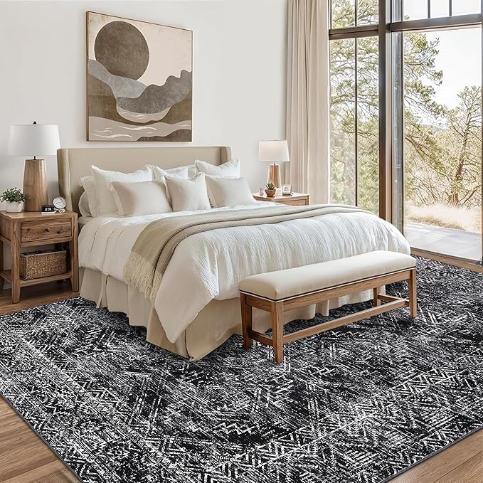 COZYLOOM Area Rug for Bedroom 5x7 Machine Washable Rugs for Living Room Modern Abstract Floor Cover Non Slip Low Pile Geometric Mats Stain Resistant Soft Carpet for Dining Room, Black