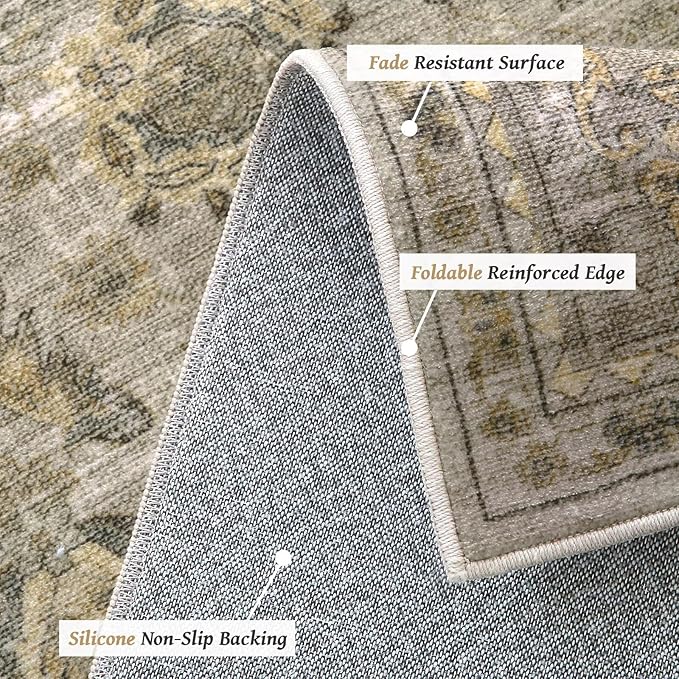 Washable 3x5 Entryway Rug Indoor, Boho Non-Slip Silicone Backing Small Rugs for Kitchen Nursery Office Bedroom, 0.3" Neutral Oriental Throw Carpet with 0.16" Cushioning Pad, Light Brown/Multi