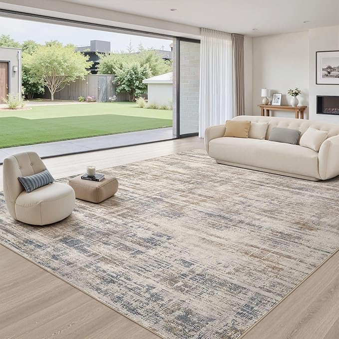 Area Rug for Living Room: 10x12 Washable Neutral Abstract Modern Soft Rugs Non Slip Indoor Floor Stain Resistant Large Carpet for Bedroom Dining Room Office Nursery - Brown