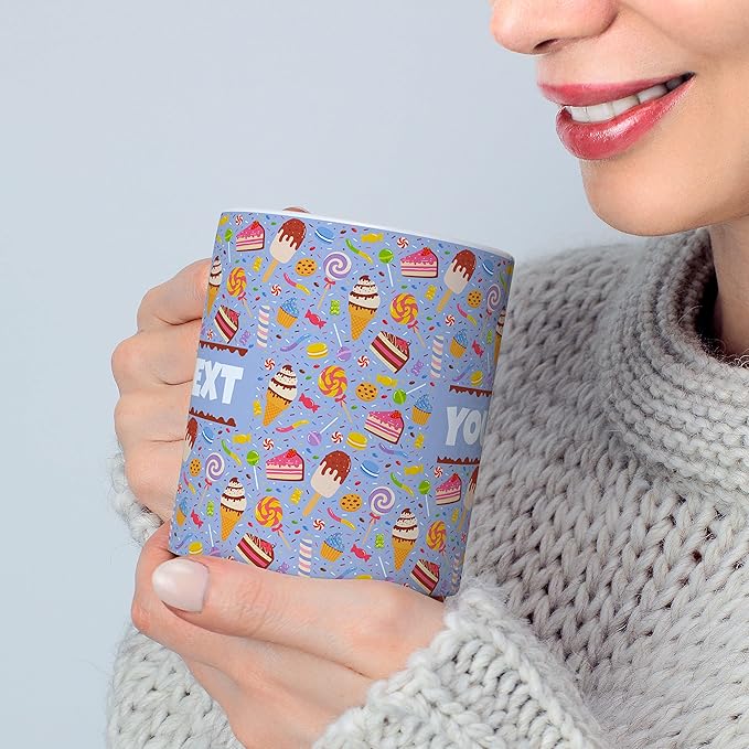 Personalized Mug for Kids - Sweets - Custom Name/Text, Ceramic Hot Chocolate/Cocoa/Coffee Cup for Boys/Girls, Birthday/Christmas/Holiday Gift - 15 oz, Black Handle