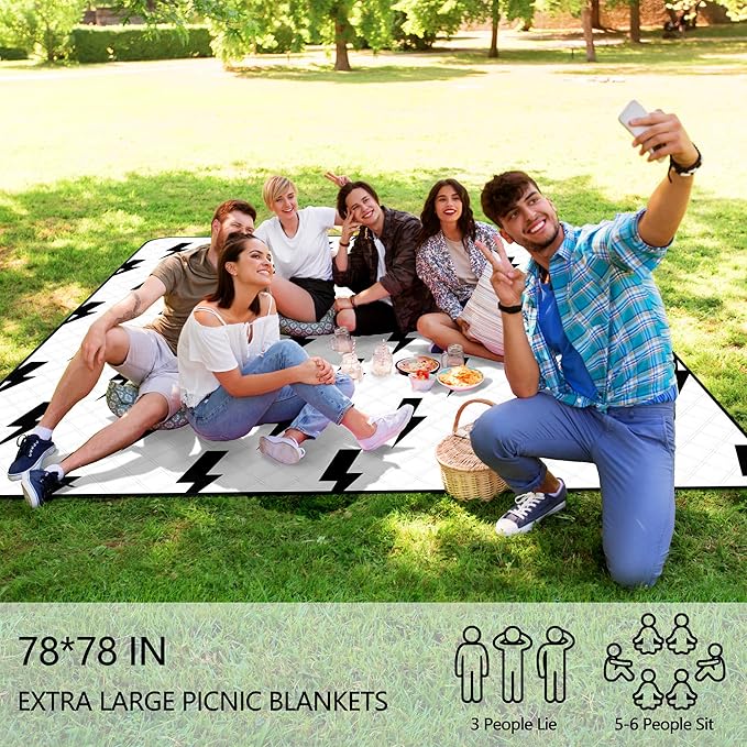 79''x79'' Extra Large Picnic Blankets, Waterproof Sandproof Foldable Outdoor Picnic Mat, Portable 3-Layer Fabric Beach Blanket for Camping, Park, Travel, Family Friends-Stylish Lightning Pattern