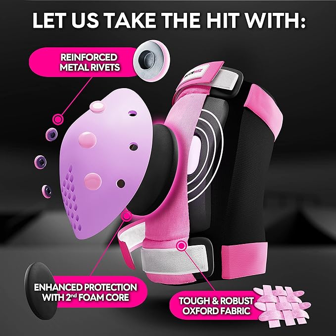 SKATEWIZ Skateboard Pads Protective Gear Set for Kids - Smash - Roller Skate Pads [6pc] - Elbow Pads Roller Derby and Knee Pads Kids Skating with Wrist Guards for Kids and Adults