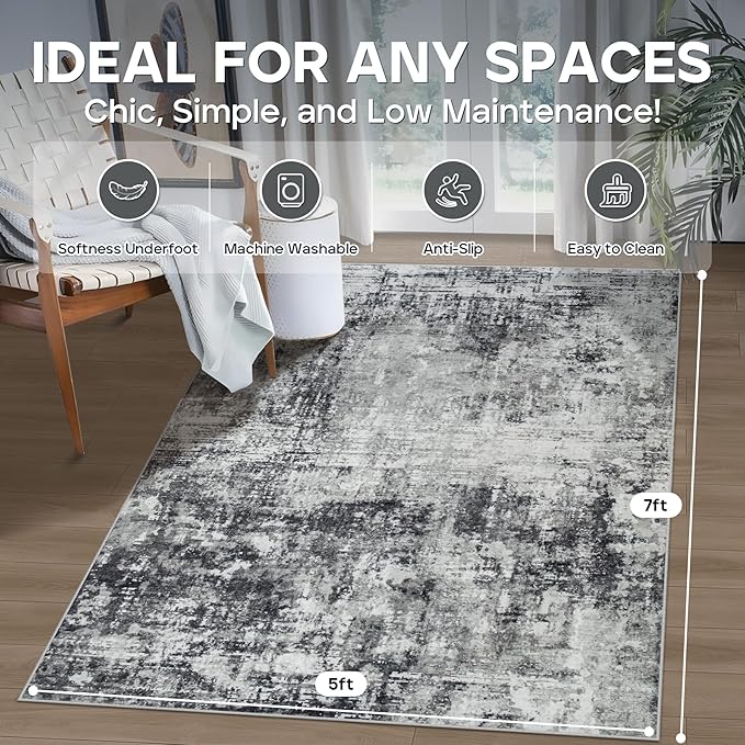5x7 Area Rugs for Living Room Rug Washable: Modern Rug for Dining Room Bedroom Carpet Non Slip Low Pile 5 by 7 Indoor Abstract Nursery Home Office Black Grey