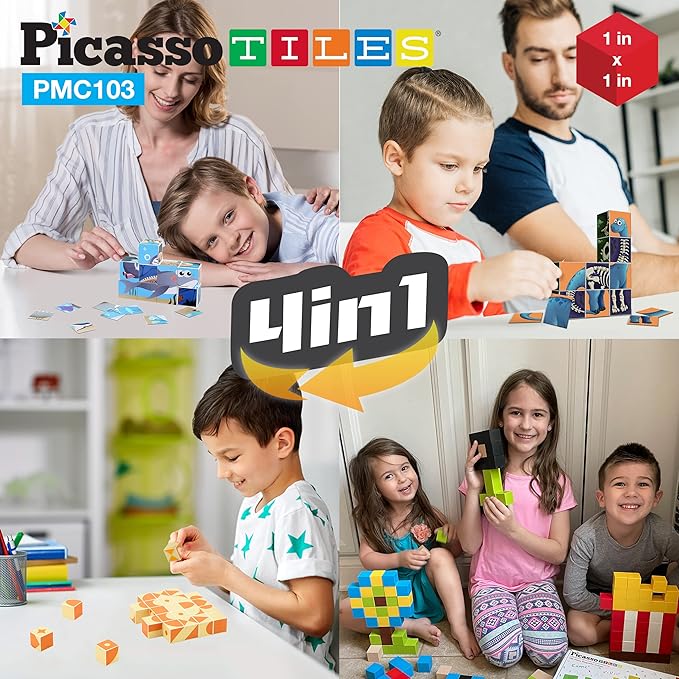 PicassoTiles 103 Pieces 1" Magnetic Toy Building Block Cubes Building Block, 3D Cube Construction Cubes Magnet Sensory Toys Gifts Educational with Free Idea Book for Kid, Boy, Girl & Toddler PMC103