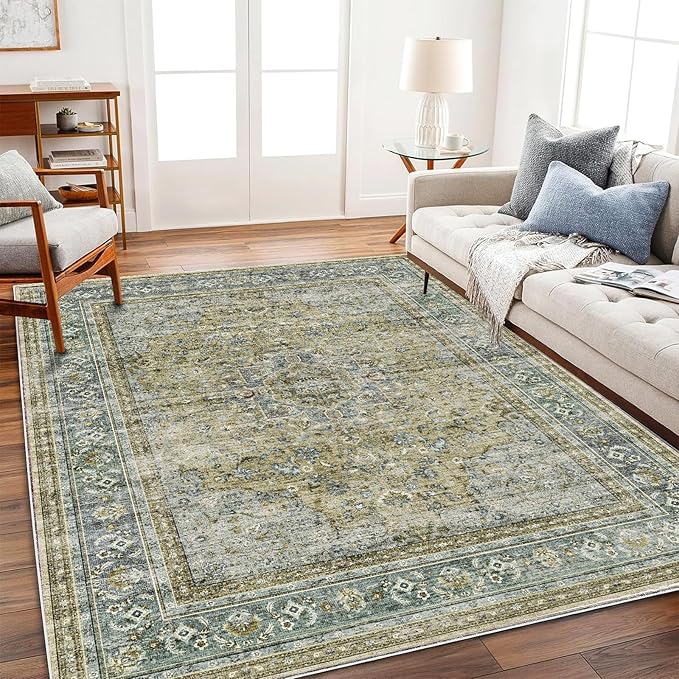 Area Rug 6'x9' Washable Vintage Traditional Floor Cover Thin Retro Kitchen Indoor Distressed Non Slip Carpet for Living Room Bedroom Dining Room