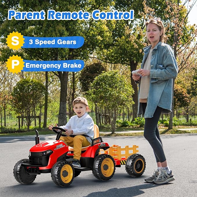 24V Ride On Tractor w/Tiltable & Detachable Trailer, 2x65W Motors, EVA Tires, Remote Control, Bluetooth, Shifter, Music, Electric Car for Kids Ages 2-5, Red