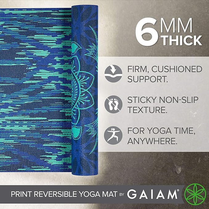 Gaiam Yoga Mat - Premium 6mm Print Reversible Extra Thick Non Slip Exercise & Fitness Mat for All Types of Yoga, Pilates & Floor Workouts (68" x 24" x 6mm Thick)