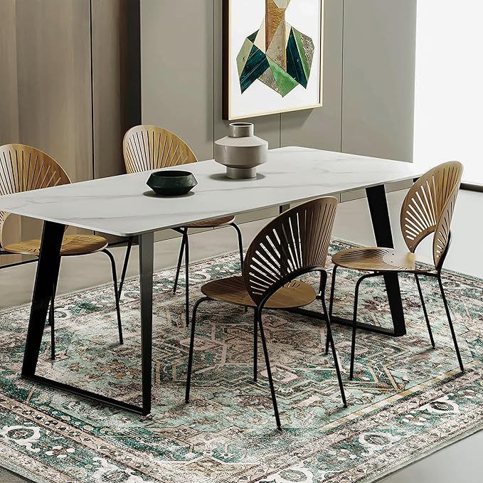 Green Area Rug 9'x12' Washable Vintage Traditional Mat Distressed Indoor Foldable Thin Retro Accent Floral Print Rug Non Slip Carpet for Living Room Dining Room Office