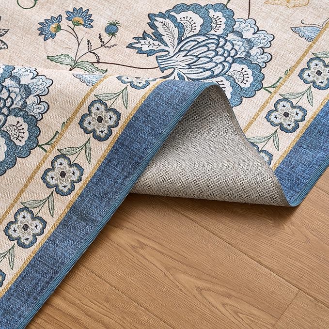 jinchan 3x10 Floral Runner Rug for Hallway Washable Kitchen Runner Vintage Romance Design Non Slip Thin Indoor Floor Cover Low-Profile Throw Carpet for Entryway Bathroom Bedroom Porch, Blue/Beige