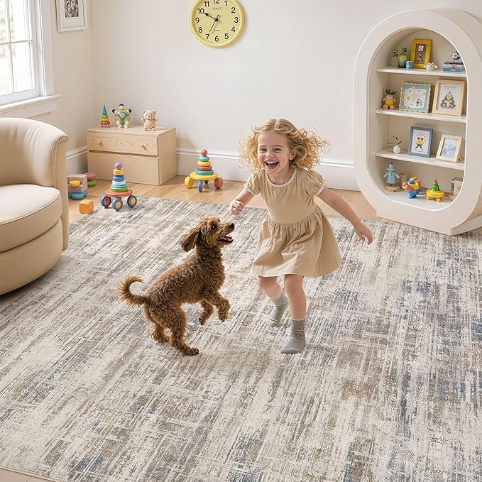 Area Rug for Living Room: 6x9 Washable Neutral Abstract Modern Soft Rugs Non Slip Indoor Floor Stain Resistant Large Carpet for Bedroom Dining Room Office Nursery - Brown