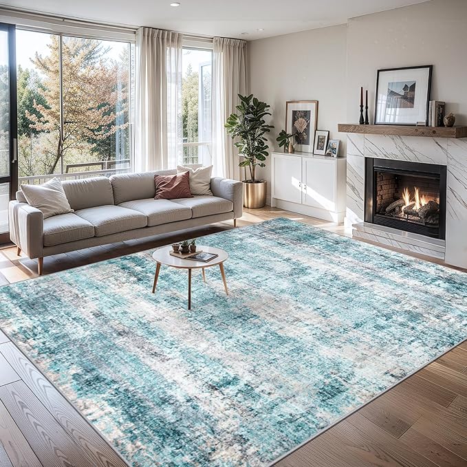 Area Rugs 9x12 Living Room - Washable Rug Modern Abstract Soft Large Neutral Non-Slip Carpet Indoor Floor Thin Carpets for Bedroom Dining Room Farmhouse Nursery Home Office Green