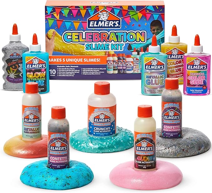 Elmer's Celebration Slime Kit, Complete Slime Supplies with Assorted Magical Liquid Slime Activators and Assorted Liquid Glues, 10 Count - Perfect for Parties, Gift, Activity Time