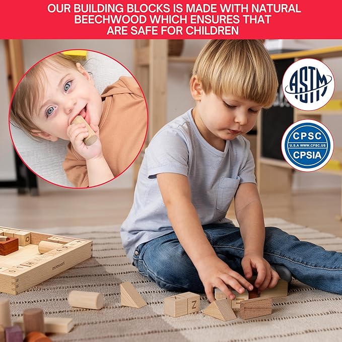 Alphabet Number Early Math Wooden Building Blocks Set - 86 Blocks in 6 Shapes with Wooden Storage Tray. Preschool Montessori Kids Toys. Stacking Learning Toys for Toddlers. Age 3 Years +