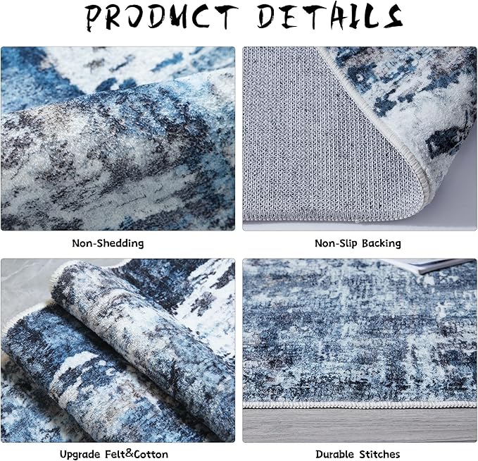 8x10 Rug Washable Boho Rug Soft Large Area Rug Non-Slip Non-Shedding Faux Wool Vintage Rug for Living Room, Farmhouse, Dining Room, Indoor, Kids Playroom, Blue