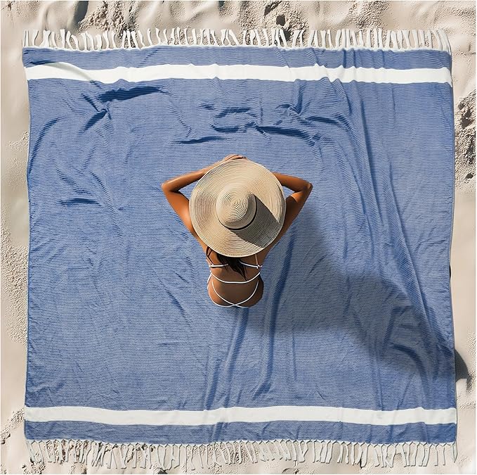 Oversized Turkish Beach Towel Blanket XXL Cotton Sandproof Towels Boho Woven Extra Large Big Sand Free Giant Throw Thick Blankets Huge Quilt XL Picnic Camping Necessities Cloud For Adult Gifts Blue